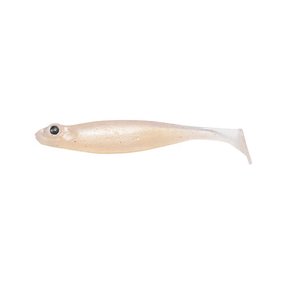 The Megabass Hazedong Shad is a soft plastic lure with a translucent body and tapering tail, offering finesse kicking action. Its realistic fish appearance, complete with an eye near the front, makes it perfect for dropshot rigs.