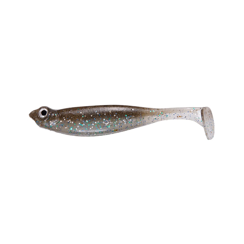 The Megabass Hazedong Shad by Megabass is a realistic fish-shaped bait in brown and silver, featuring glitter and a prominent eye. Ideal for dropshot rigs, its slightly curved tail ensures finesse kicking action, providing a lifelike look to effectively attract fish.