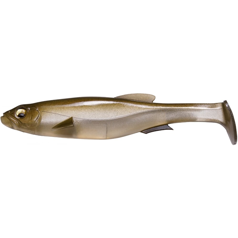 The Megabass Magdraft Freestyle Swimbait by Megabass is a realistic, brownish-gray lure with a shiny body, detailed dorsal fin, and tail. Designed for rigging, it mimics the appearance of a small fish to attract big bass.