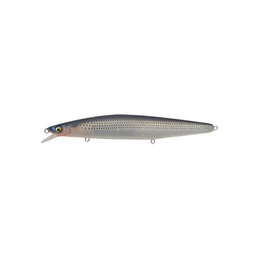 A close-up of the Megabass Marine Gang 120S Mat Konoshiro, a 4.75-inch floating fishing lure from Megabass, shaped like a small fish with lifelike details and a plastic lip to attract predatory fish.