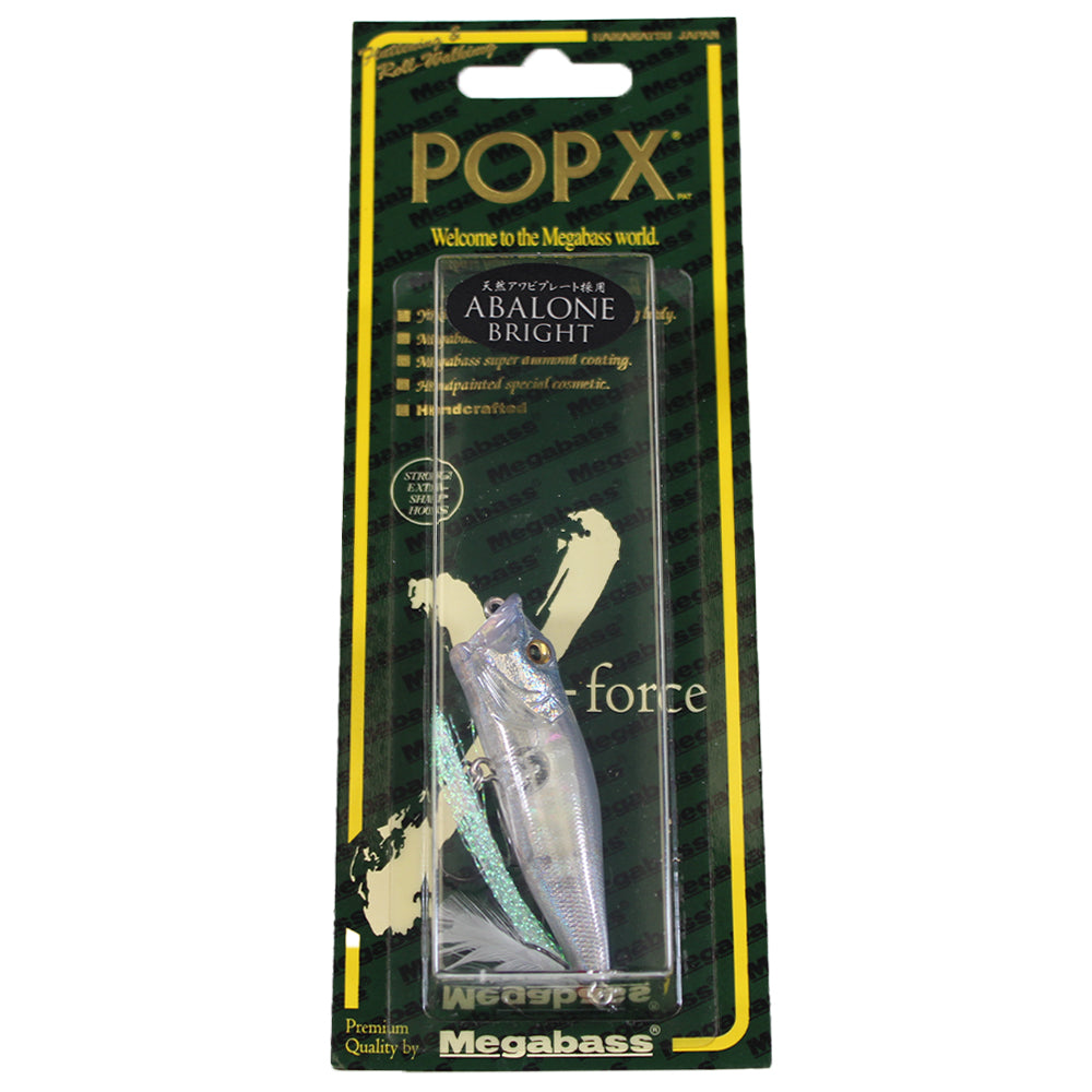 A packaged Megabass Pop-X Abalone Bright AB LTD Pro Blue fishing lure, with green-yellow branding and clear plastic displaying a realistic fish-shaped lure. Features the patented gill system and "Welcome to the Megabass world" text.