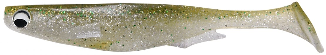 The Megabass Spark Shad Swimbait features a translucent, fish-shaped body in greenish-yellow with silver and green glitter. Its realistic black and white eye enhances appeal, while the soft tail fin generates high-frequency vibrations to attract underwater attention.