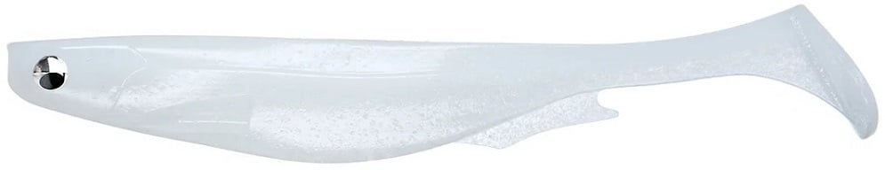The Megabass Spark Shad Swimbait, a translucent white lure from Megabass, features a reflective eye. Its streamlined body and wide tail create high-frequency vibrations to imitate a small fish.