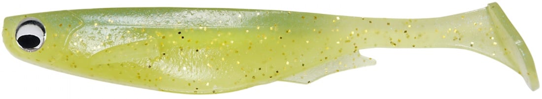 Introducing the Megabass Spark Shad Swimbait: a fish-shaped, translucent yellow-green lure with high-frequency vibrations. It features a black and white eye, embedded gold glitter, and detailed fin and tail design—a perfect paddle-tail worm for attracting your next big catch.