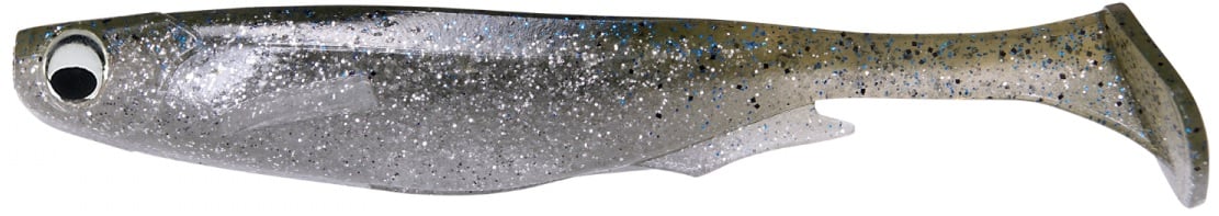 The Megabass Spark Shad Swimbait is a silver and grey soft plastic lure, mimicking a small fish with a realistic eye. Its glittery, speckled design and flat paddle-tail worm shape generate high-frequency vibrations for enhanced water movement.