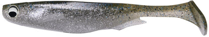 The Megabass Spark Shad Swimbait is a silver and grey soft plastic lure, mimicking a small fish with a realistic eye. Its glittery, speckled design and flat paddle-tail worm shape generate high-frequency vibrations for enhanced water movement.