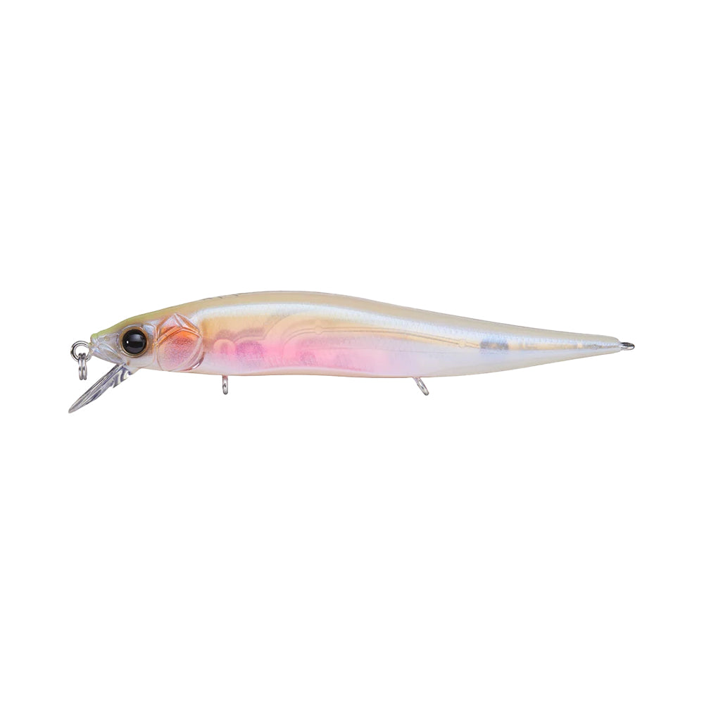 The Megabass GP Baby Kingyo Collection by American Legacy Fishing is a realistic fishing lure with a slender body, metallic finish featuring pink and orange hues, and details like an eye and front hook attachment.
