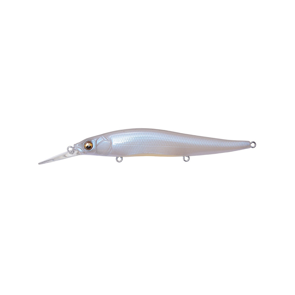 The Megabass Vision 110+1 Jerkbait is a realistic silver-gray lure with a long, narrow body, clear plastic lip, detailed eye, and three attachment rings along the underside and tail.