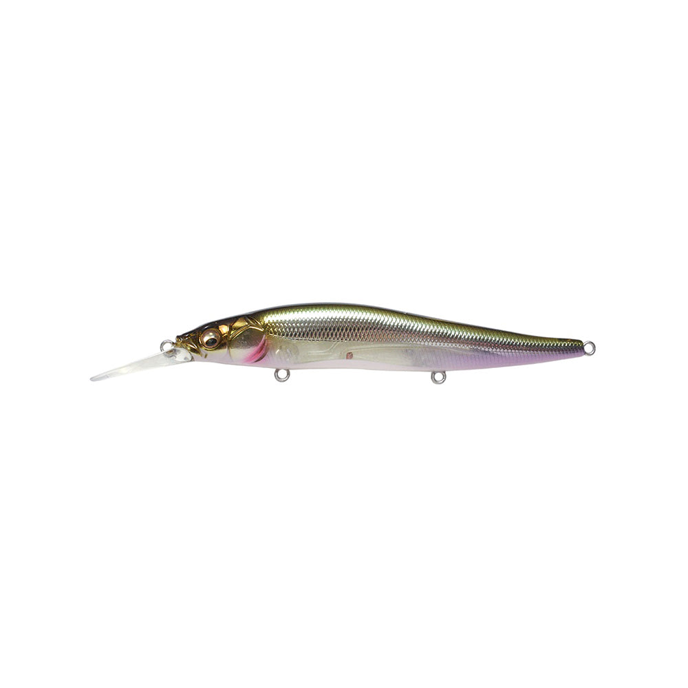 The Megabass Vision 110+1 Jerkbait by Megabass features a metallic, fish-like body, black eyes, and a clear plastic lip to expertly mimic small baitfish.
