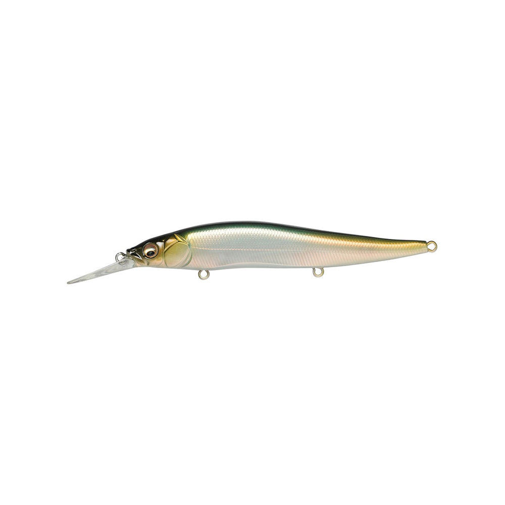 The Megabass Vision 110+1 Jerkbait by Megabass mimics a small fish with a metallic silver and yellow-green body, plus a clear, elongated lip in front for diving action.