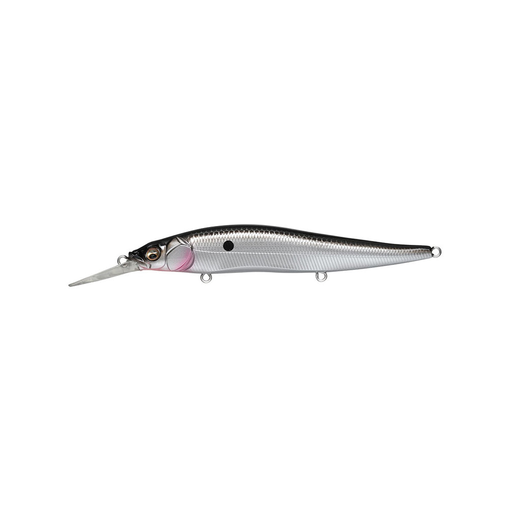 The Megabass Vision 110+1 Jerkbait by Megabass features a silver and black, long narrow body, a clear plastic lip, a small black side dot, and attachment rings on the top and bottom.