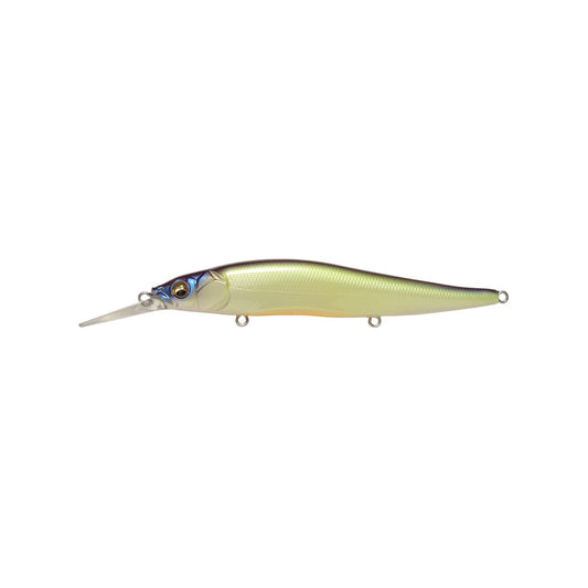 A Megabass Vision 110+1 Jerkbait by Megabass, featuring a green and yellow body, silver underbelly, long clear lip, and three metal attachment loops, shown on a white background.