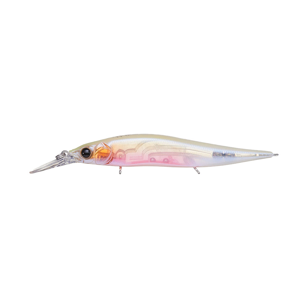 The Megabass GP Baby Kingyo Collection by American Legacy Fishing is a realistic fishing lure resembling a small fish. It features a translucent body with a pinkish tint, realistic details, including a black eye, and has a metallic hook on the underside.