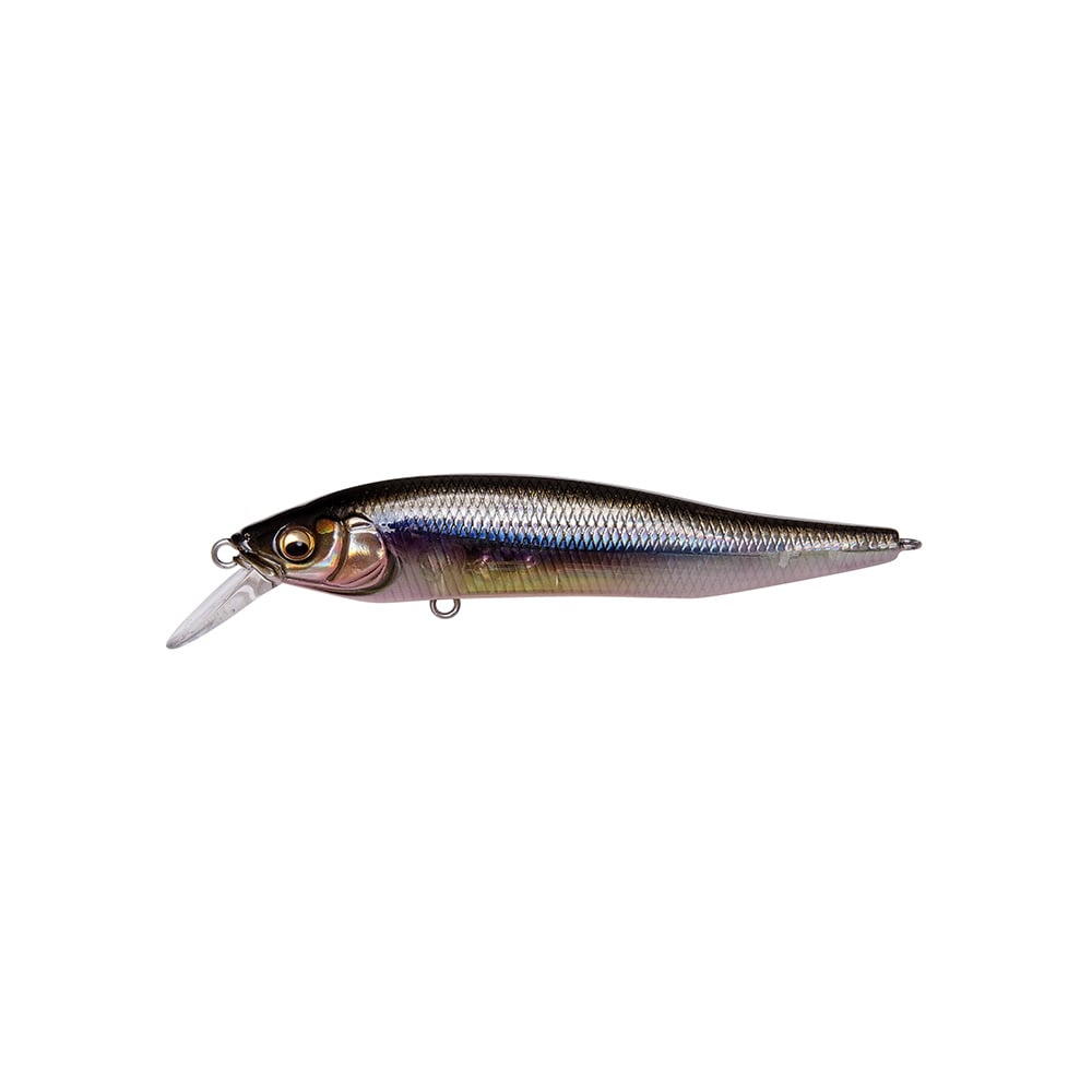 The Megabass X-Nanahan Jerkbait by Shinji Sato showcases a metallic fish-like design with realistic scales and a clear plastic lip. Its dark silver and purple metallic hues make it perfect for enticing elusive catches.