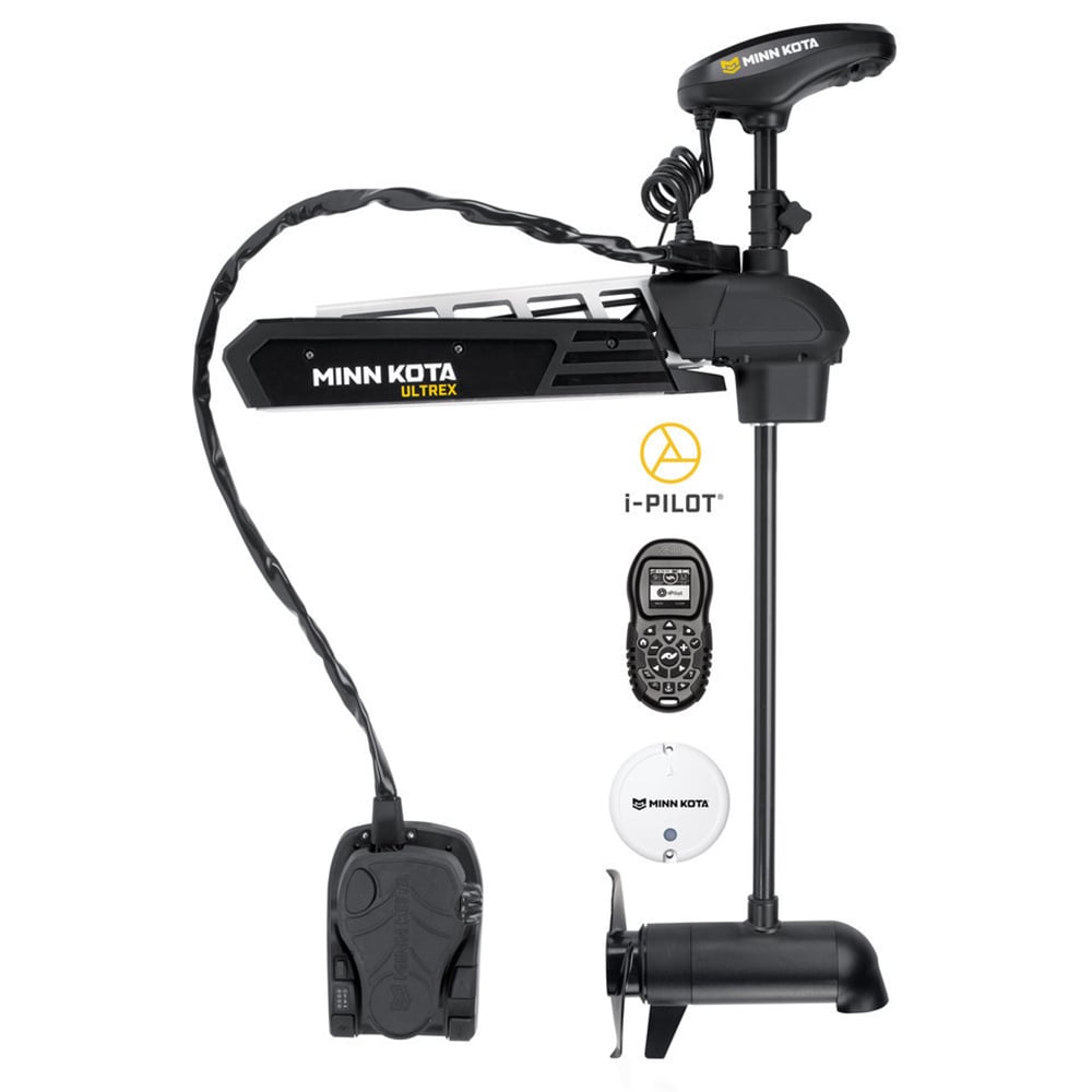 Minn Kota Ultrex Trolling Motor by Minn Kota with shaft, propeller, programmable foot pedal, and i-Pilot remote control shown on a white background.