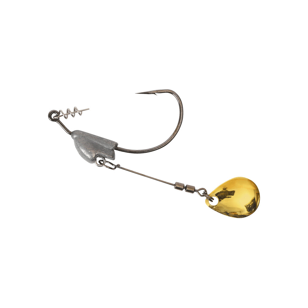 The Owner Flashy Swimmer Colorado Blade fishing lure features a barbed hook, metal coil for bait attachment, a silver-weighted section, Flashy Swimmer design, and a gold teardrop-shaped Colorado Blade spinner to attract fish.