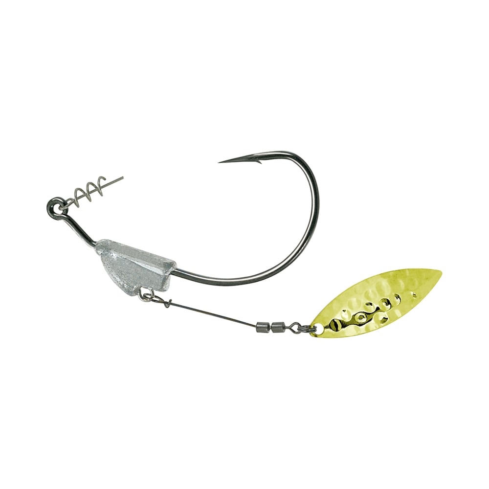 The Owner Flashy Swimmer Willow Blade has a large hook, gold-like metallic willow blade, textured surface with holes, and includes a weighted piece and TwistLOCK Centering-Pin Spring for added functionality in its coiled wire design.