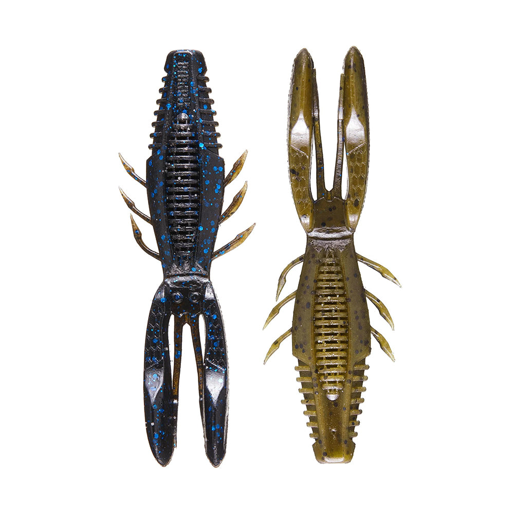 The Rapala Crush City Bronco Bug includes two silicone crayfish lures. One is dark blue with light blue specks, and the other is olive green with dark spots. Their hinged arms and long pincers mimic prey perfectly, enticing any fish.