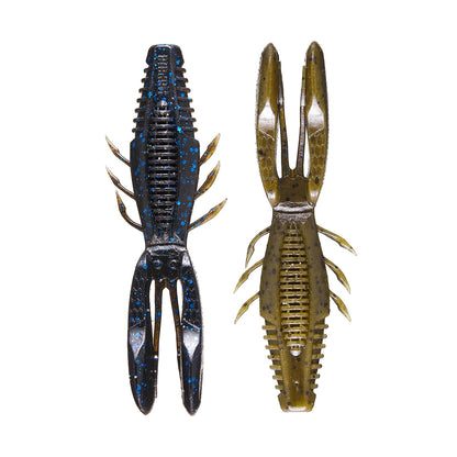 The Rapala Crush City Bronco Bug includes two silicone crayfish lures. One is dark blue with light blue specks, and the other is olive green with dark spots. Their hinged arms and long pincers mimic prey perfectly, enticing any fish.