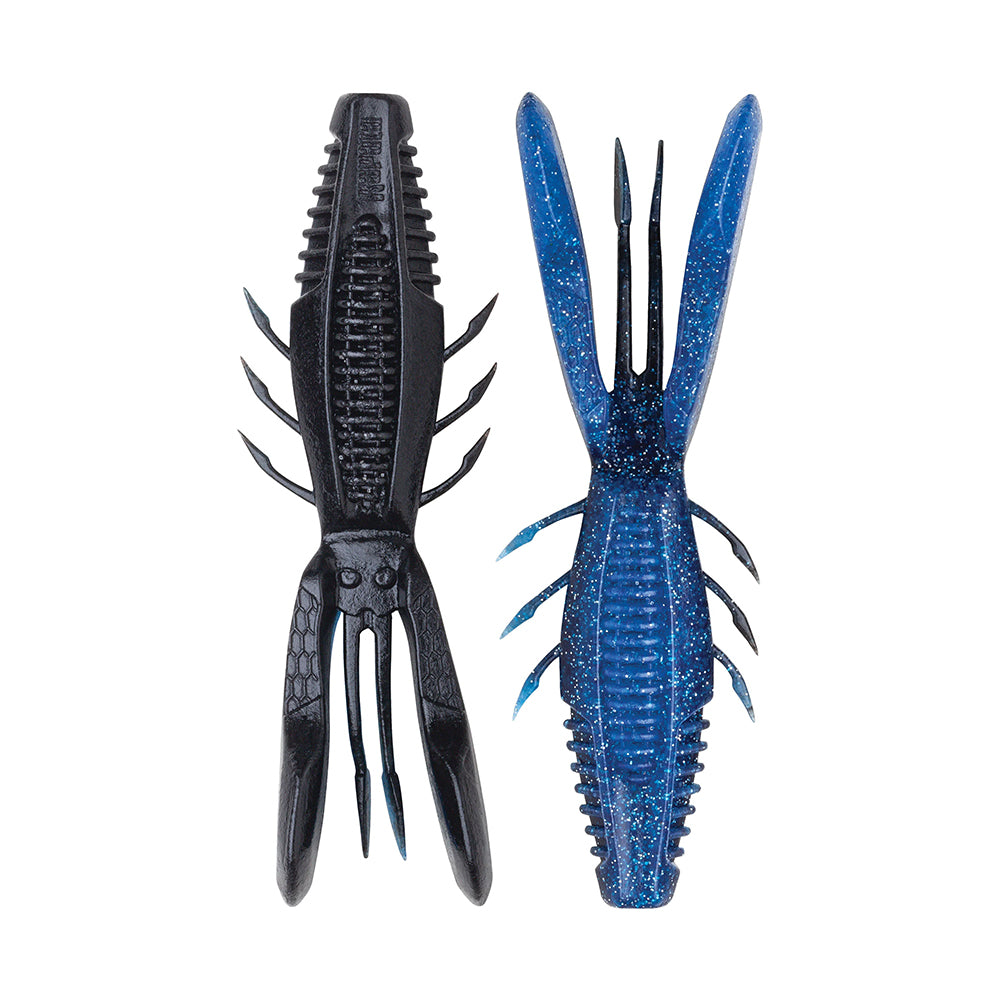 Two rubber fishing lures shaped like crawfish. The left, a Rapala Crush City Bronco Bug™, is black with double-sided ribs and pincers. The right is blue with sparkles, featuring multiple appendages and elongated hinged arms. Both are designed to mimic aquatic prey.