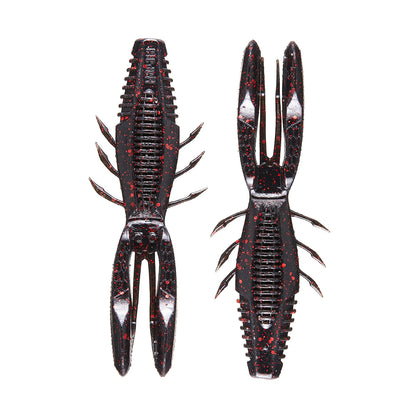 The Rapala Crush City Bronco Bug features two soft plastic lures resembling crawfish, with black bodies speckled red. Double-sided ribs, hinged arms, segmented bodies, multiple legs, and large pincers enhance their lifelike appearance.