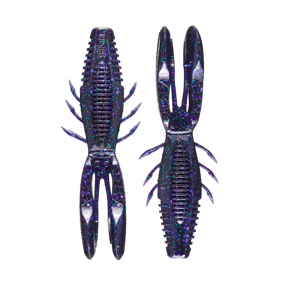 Two glittery, soft plastic crawfish lures in black and purple feature segmented bodies with double-sided ribs and hinged arms. Viewed from above is the captivating Rapala Crush City Bronco Bug™, while the underside view highlights their intricate design and texture.