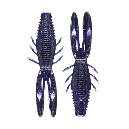 Two glittery, soft plastic crawfish lures in black and purple feature segmented bodies with double-sided ribs and hinged arms. Viewed from above is the captivating Rapala Crush City Bronco Bug™, while the underside view highlights their intricate design and texture.