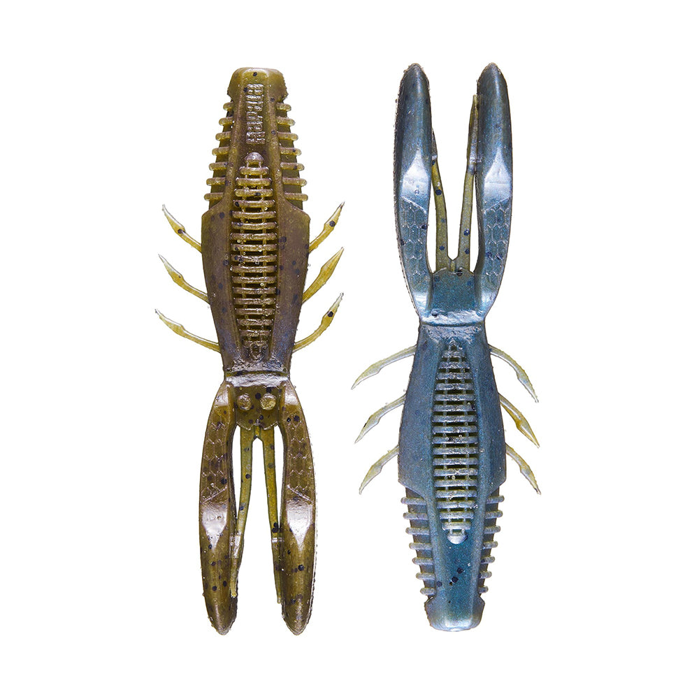 Two Rapala Crush City Bronco Bug soft plastic crayfish lures are shown. The left one is brown with dark speckles and double-sided ribs, while the right has a blue-to-gray gradient. Both feature large pincers, multiple legs, and hinged arms for lifelike action.