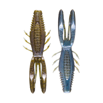 Two Rapala Crush City Bronco Bug soft plastic crayfish lures are shown. The left one is brown with dark speckles and double-sided ribs, while the right has a blue-to-gray gradient. Both feature large pincers, multiple legs, and hinged arms for lifelike action.