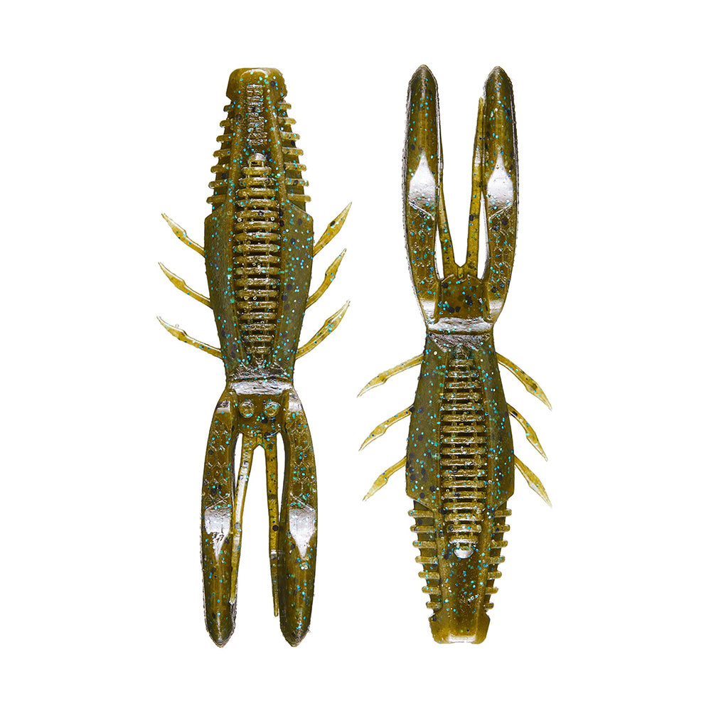 Two green plastic Rapala Crush City Bronco Bug lures have double-sided ribs, hinged arms, multiple side appendages, and large forked tails with scattered blue speckles, resembling crawfish or lobsters.