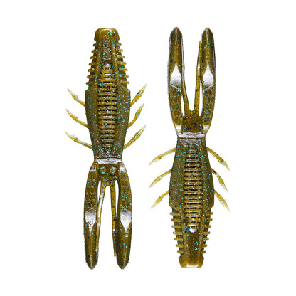 Two green plastic Rapala Crush City Bronco Bug lures have double-sided ribs, hinged arms, multiple side appendages, and large forked tails with scattered blue speckles, resembling crawfish or lobsters.