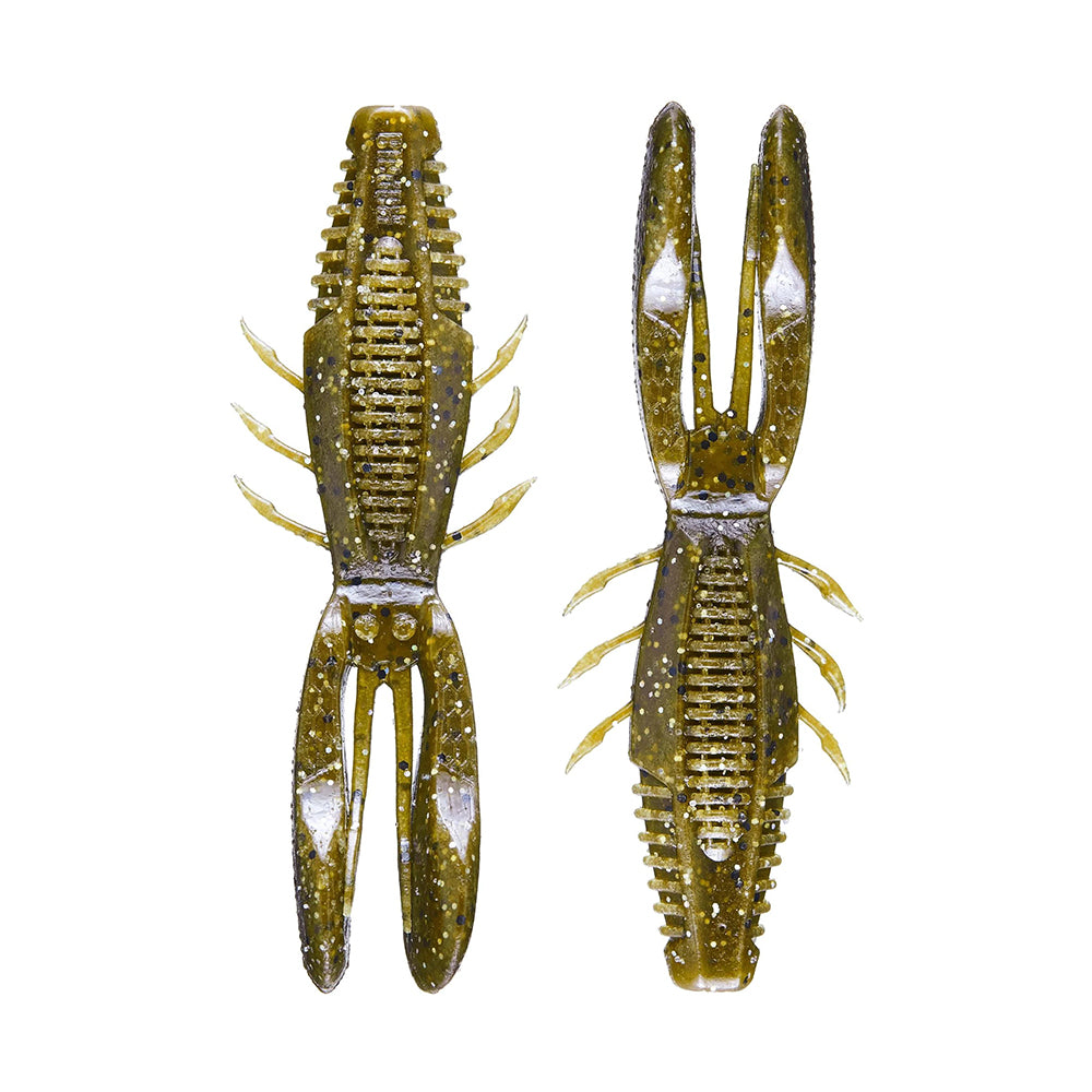 Two Rapala Crush City Bronco Bug lures in green and brown plastic, with textured bodies and glittery accents, ideal for fishing. The left lure shows a frontal view with open claws, while the right displays a back view, featuring double-sided ribs for enhanced movement.