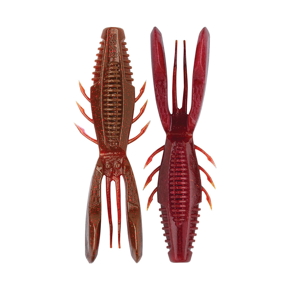 Two Rapala Crush City Bronco Bug lures, in red and brown, are showcased side by side. They have segmented bodies with double-sided ribs, multiple legs, and two long forked tails, expertly designed to mimic a crawfish for effective fishing.