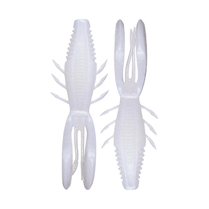 Two white, plastic Rapala Crush City Bronco Bug molds resemble crustaceans with segmented bodies, multiple legs, and large claws. They boast hinged arms for lifelike movement and are displayed side by side, with one slightly rotated for a varied perspective.