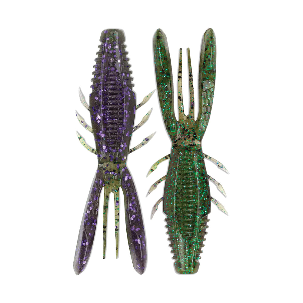 The Rapala Crush City Bronco Bug soft plastic lures are shaped like crawfish. The left lure is purple with glitter, featuring double-sided ribs, while the green one sparkles. Both have segmented bodies, hinged arms as pincers, and multiple appendages for realistic movement.