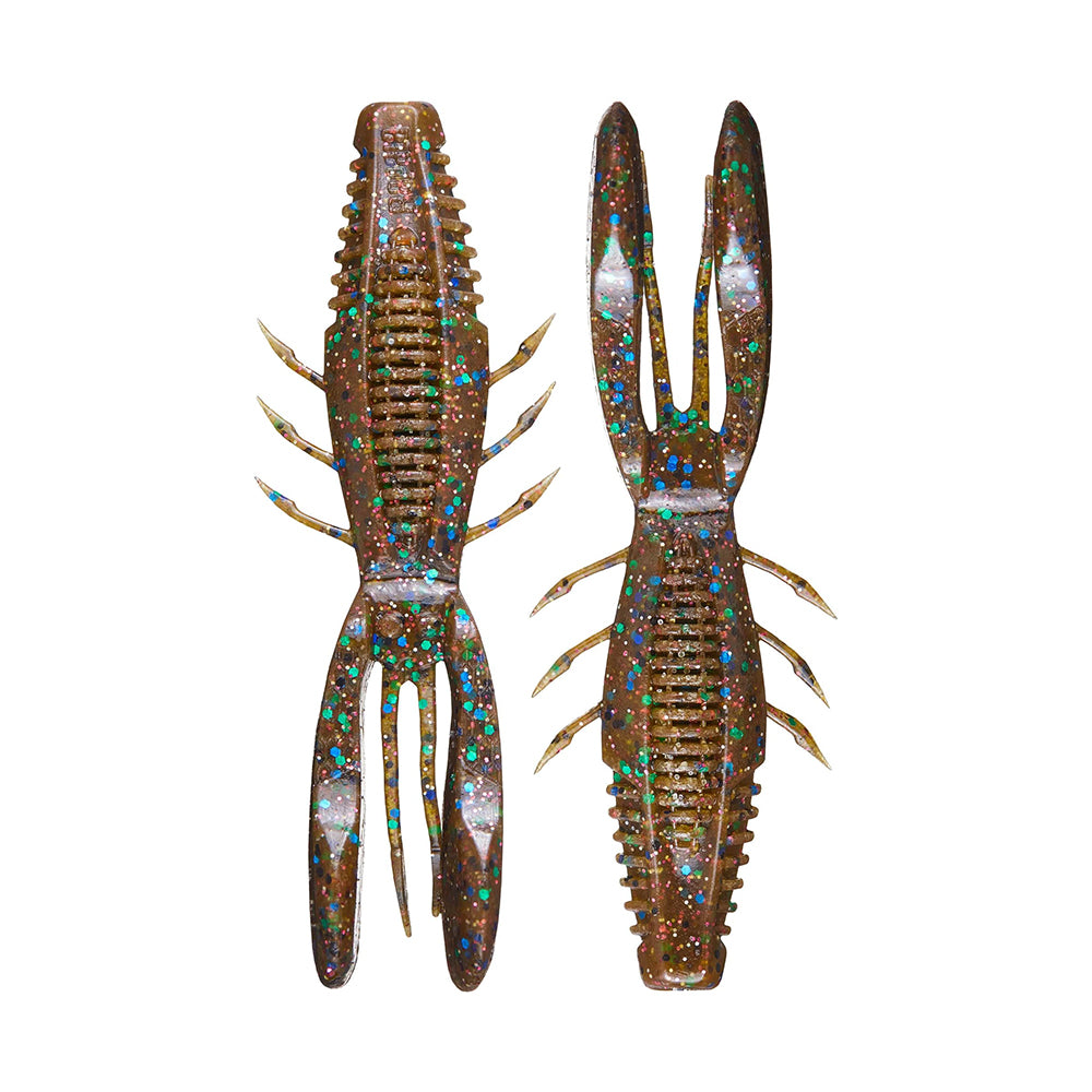The Rapala Crush City Bronco Bug, a set of two brown, lobster-shaped lures with green and blue glitter, features segmented bodies, pincers, double-sided ribs, and multiple small legs to resemble crayfish. They're displayed side by side on a white background.