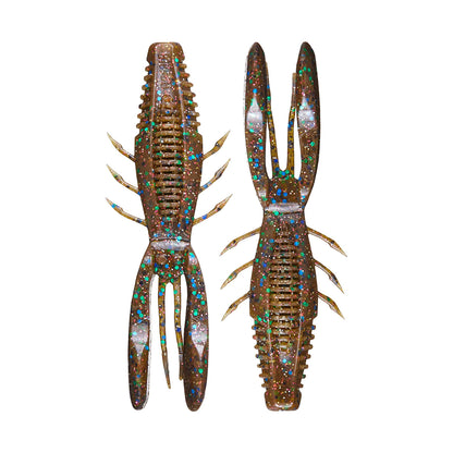The Rapala Crush City Bronco Bug, a set of two brown, lobster-shaped lures with green and blue glitter, features segmented bodies, pincers, double-sided ribs, and multiple small legs to resemble crayfish. They're displayed side by side on a white background.