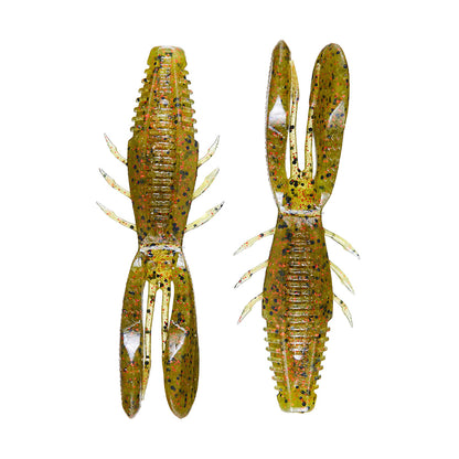 Two Rapala Crush City Bronco Bug lures resemble crayfish with green, speckled black and orange spots. They feature hinged arms for lifelike movement, and a top-down view highlights their textured bodies and claws.