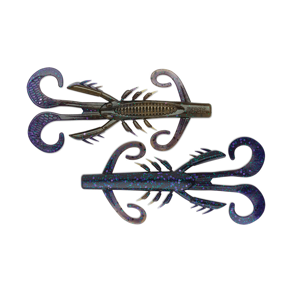 The Rapala Crush City HedgeHog are two scorpion-shaped fishing lures from Rapala, featuring curled tails and fins. They have a small profile with dark metallic hues and an iridescent finish for realistic underwater motion.