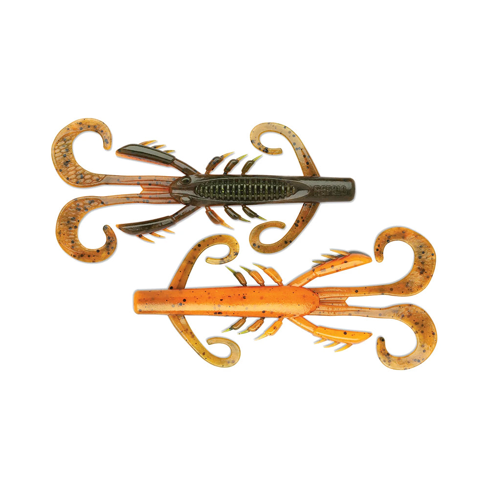 Two intricately designed Rapala Crush City HedgeHog lures feature a small lobster-like profile with curled tails. One is dark green, the other orange with black speckles, and their multiple appendages enhance their effectiveness in attracting fish.