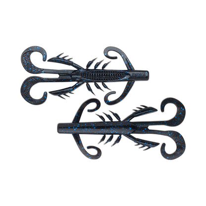 The Rapala Crush City HedgeHog by Rapala features two black plastic bodies with blue speckles. These small-profile creature baits, designed for fishing, have curled appendages like claws and segmented bodies that enhance their ability to attract fish.