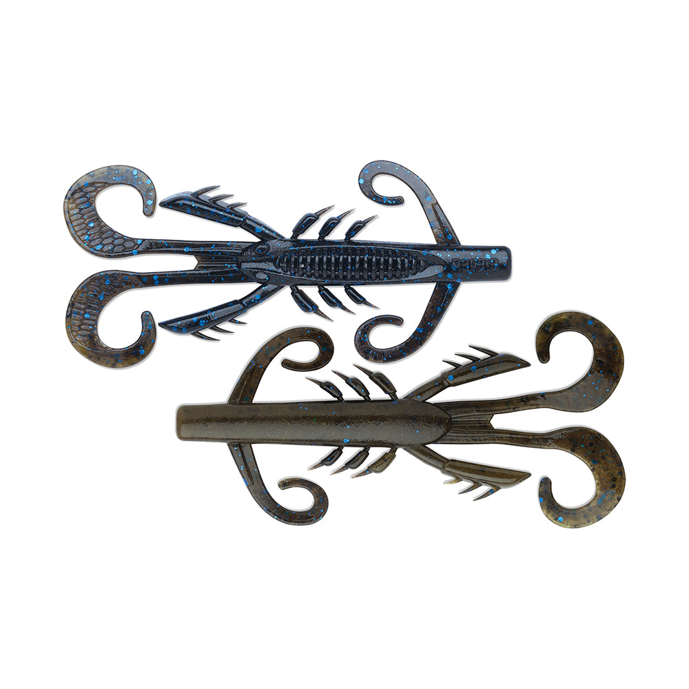 Two Rapala Crush City HedgeHog decorative metal scorpions showcase intricate detailing and a small profile. The top displays a bluish hue, contrasting the lighter bronze of the bottom. Positioned facing each other on a white background, they create an impactful and unique presentation.