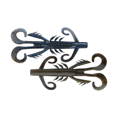 Two Rapala Crush City HedgeHog decorative metal scorpions showcase intricate detailing and a small profile. The top displays a bluish hue, contrasting the lighter bronze of the bottom. Positioned facing each other on a white background, they create an impactful and unique presentation.