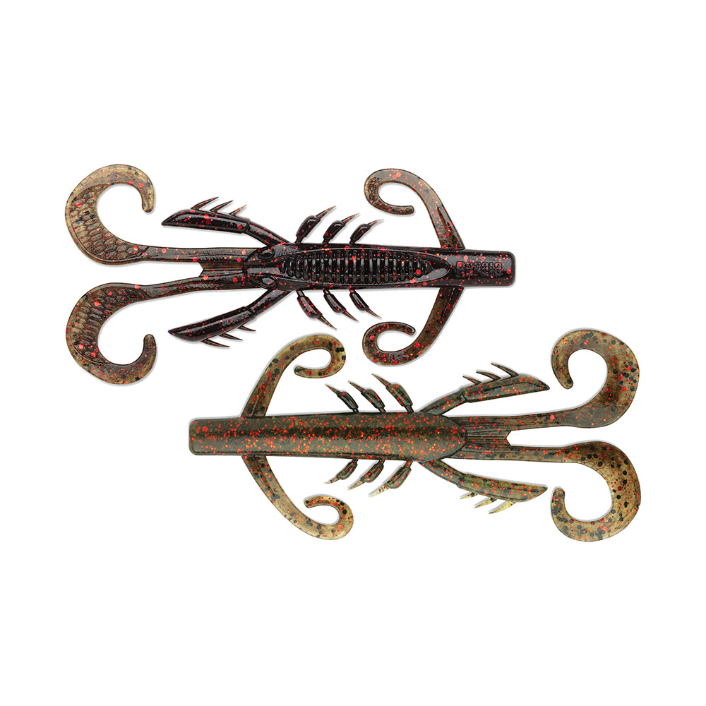 The Rapala Crush City HedgeHog lures, designed by Rapala, feature a crayfish shape with segmented bodies, curling claws, and legs. They come in two color variations—one darker and one lighter—to mimic natural prey effectively.