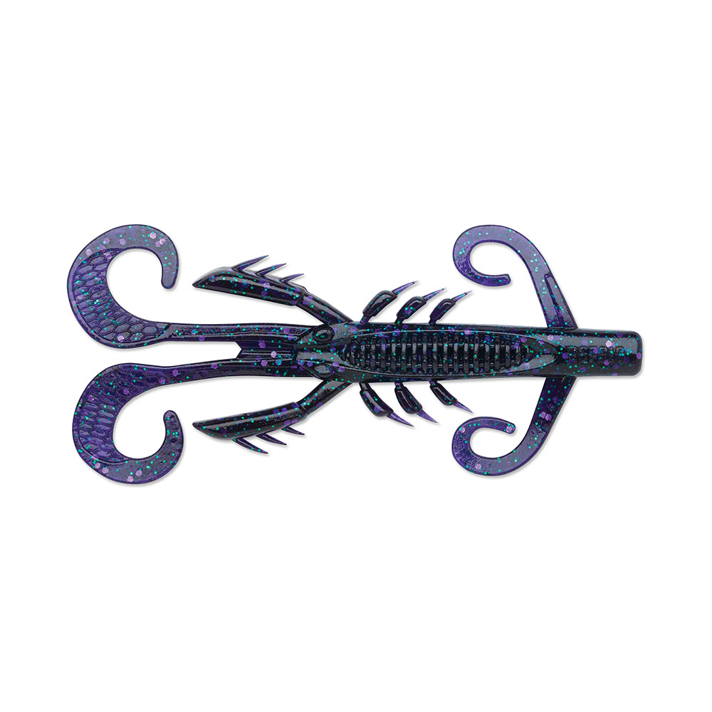 The Rapala Crush City HedgeHog™ by Rapala is a fishing lure with a compact purple and black crawfish shape, featuring curled claws, a ribbed body, two side appendages, and a shiny speckled finish to enhance its fish-attracting impact.