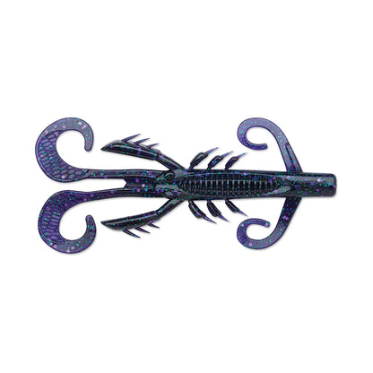 The Rapala Crush City HedgeHog™ by Rapala is a fishing lure with a compact purple and black crawfish shape, featuring curled claws, a ribbed body, two side appendages, and a shiny speckled finish to enhance its fish-attracting impact.