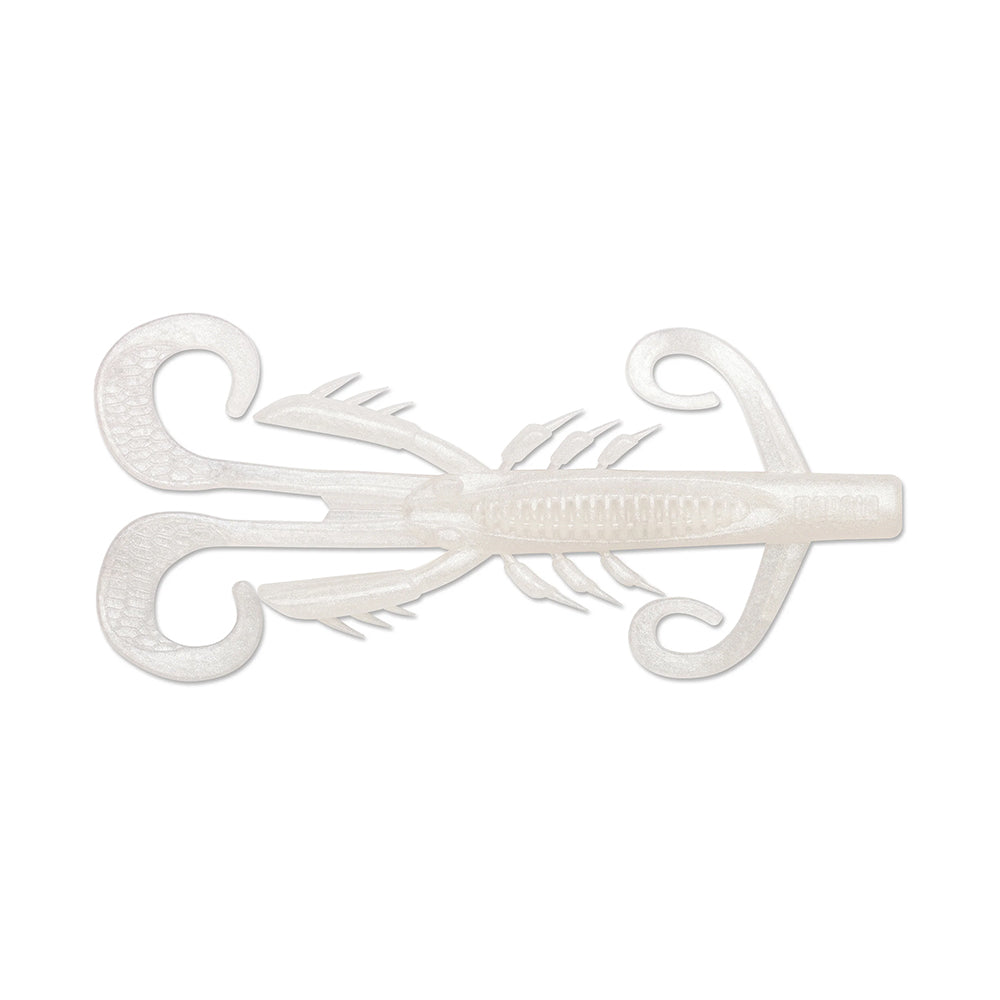 The Rapala Crush City HedgeHog, a white plastic item by Rapala, features a scorpion-like shape with a segmented body, curved pincers, and ridged texture. Its symmetrical design creates an impactful display on a plain white background despite its small profile.