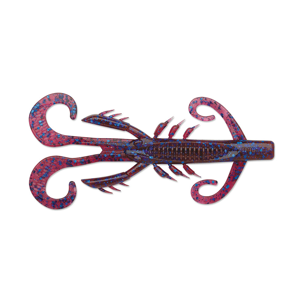 The Rapala Crush City HedgeHog is a vibrant crawfish-shaped fishing lure from Rapala, featuring HedgeHog™ technology for increased impact. It has a purple base with red and blue speckles, detailed claws and legs, and a segmented body to attract fish with its dynamic small profile.