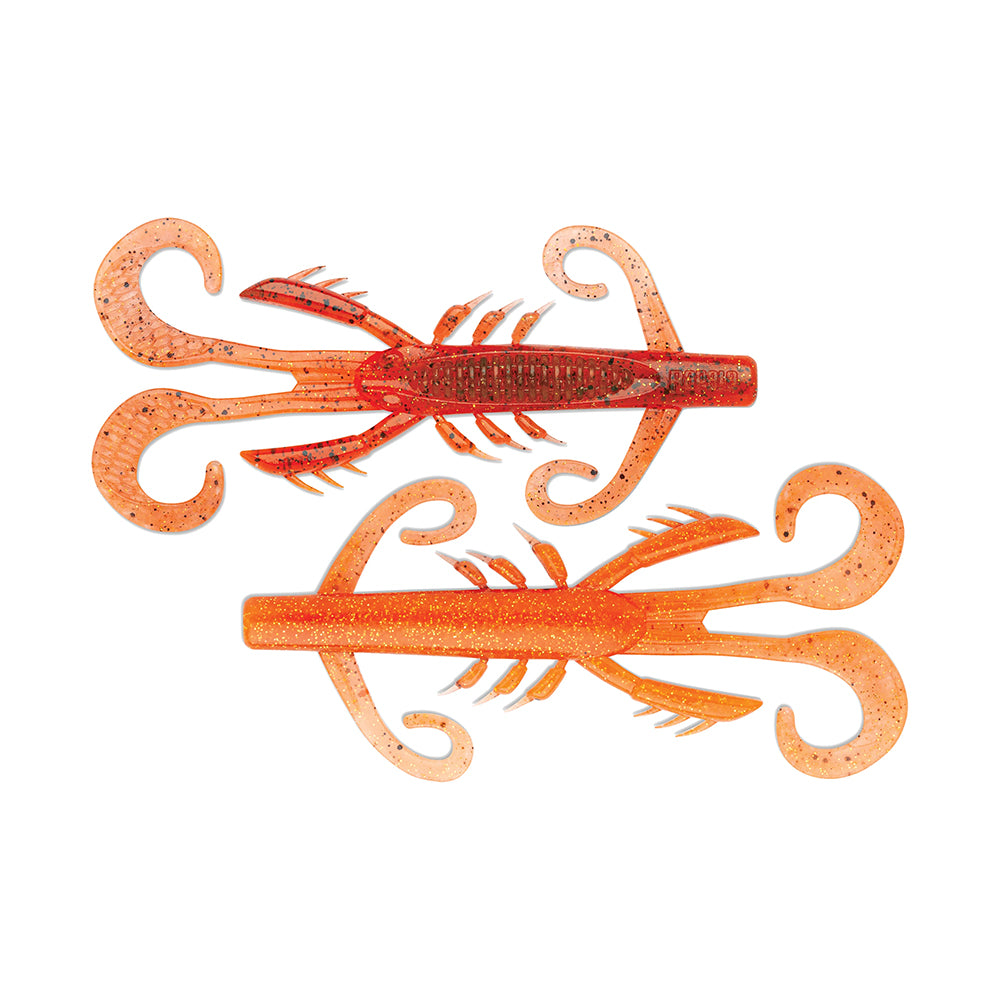 Two Rapala Crush City HedgeHog soft plastic fishing lures, crayfish-shaped with curling appendages, include one red and one speckled orange. Each features detailed, segmented bodies and antennae for enhanced impact despite a small profile.