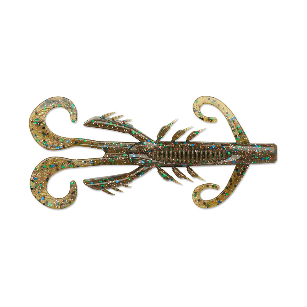 The Rapala Crush City HedgeHog, by Rapala, is a detailed glittery scorpion-like plastic lure with curved appendages and a segmented body. Its compact size blends earth tones with shimmering highlights to enhance your catch.